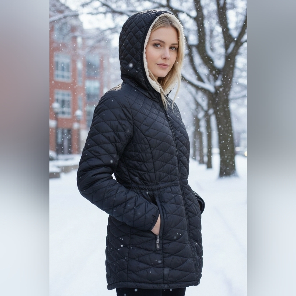 STEVE MADDEN Women's Black Quilted Hooded Jacket Glacier Shield Plush Faux Fur M
